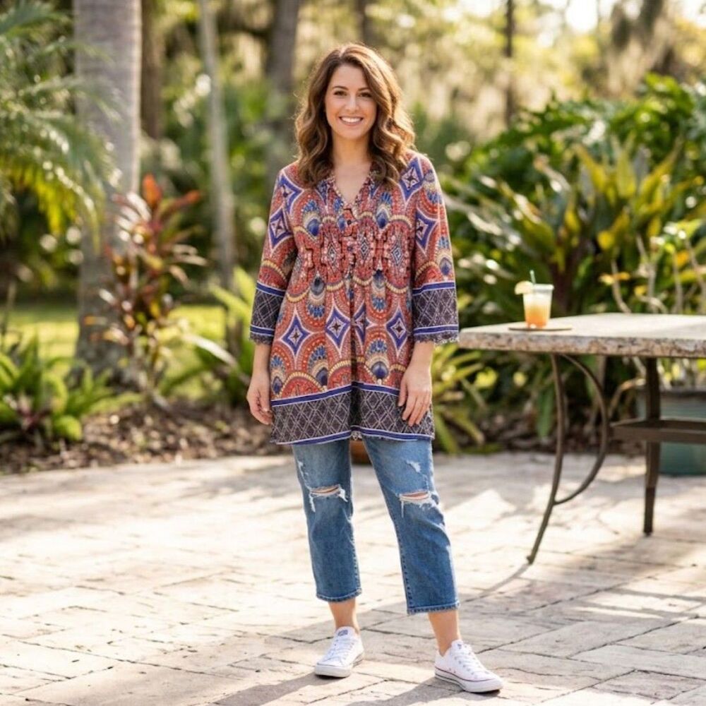Reborn Red & Blue Boho Aztec Print Stretchy Tunic/Mini Dress Size XL